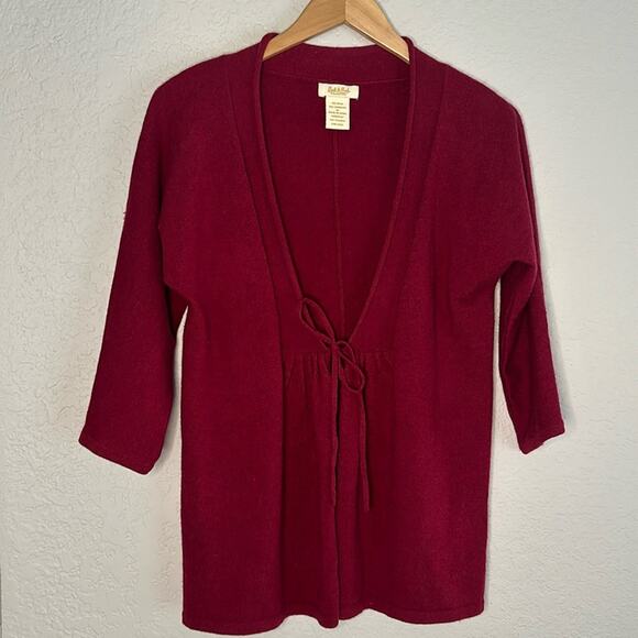 Peck & Peck Cranberry Red Cashmere Wool Sweater Cardigan 3/4 Sleeve Waist Tie - Picture 1 of 5
